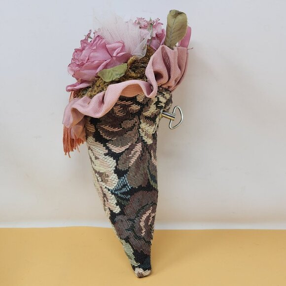 Vintage Musical Floral Tapestry Wall Cone With Pink Fabric Roses & Tassel Decor - Picture 4 of 9